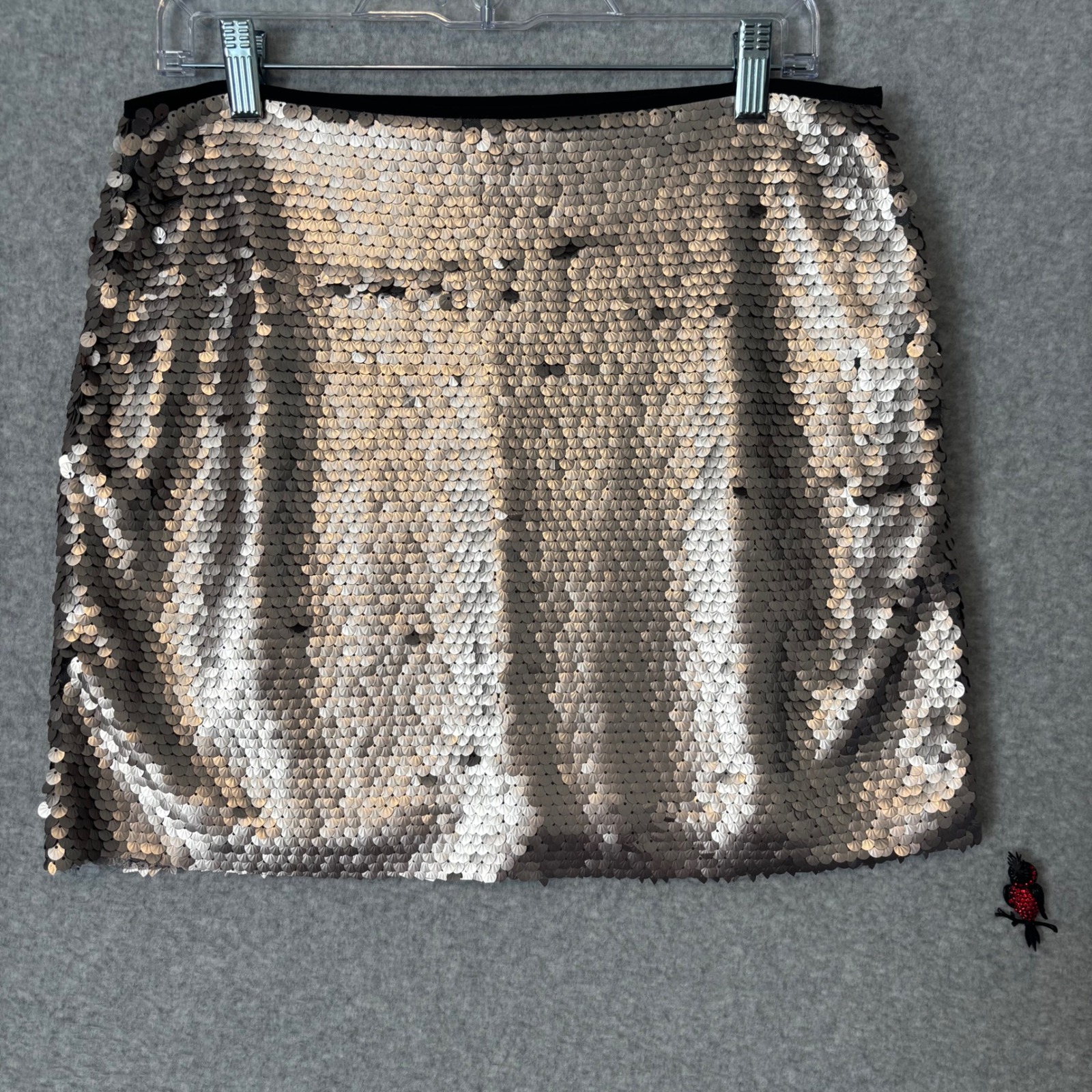 Verty Women's Large Mini Skirt Silver Sequin Metallic Disc Scale Y2k Clubwear